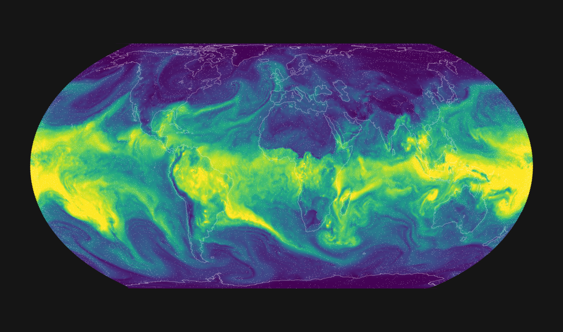 A world map of total precipitable water, with the moist tropics in yellow and plumes of moisture reaching into the midlatitudes