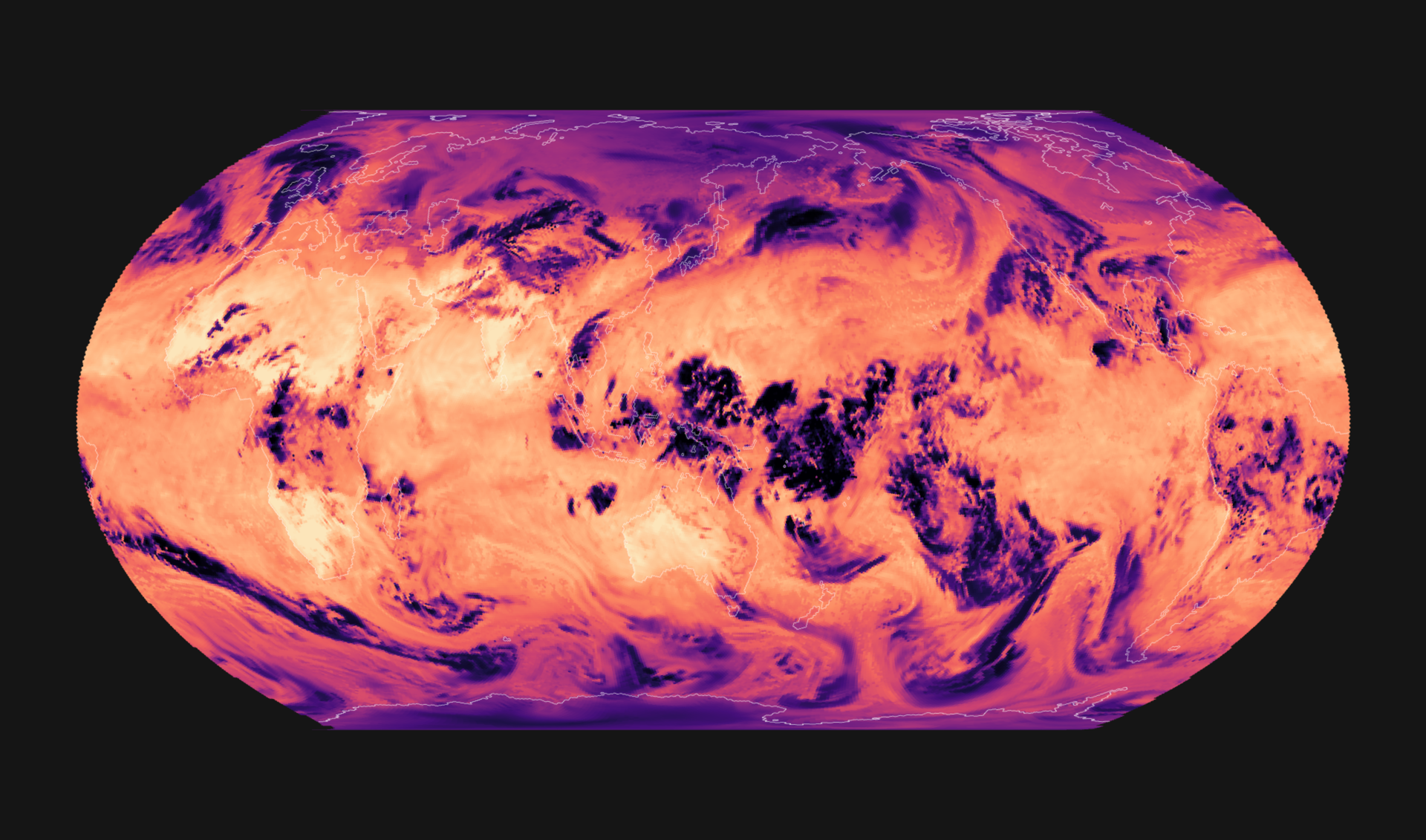 A world map of outgoing longwave radiation, dark where tall cloud reaches the cold upper troposphere and bright over the deserts