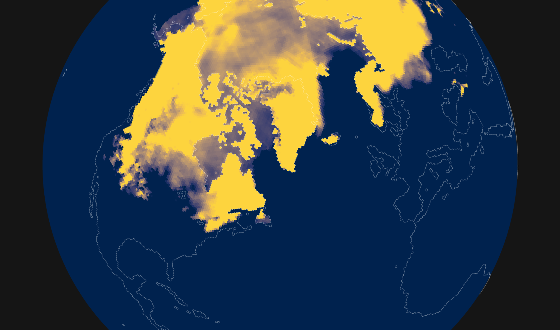 Snow on land across Canada, Greenland and Siberia at the end of winter, seen from above the North Atlantic