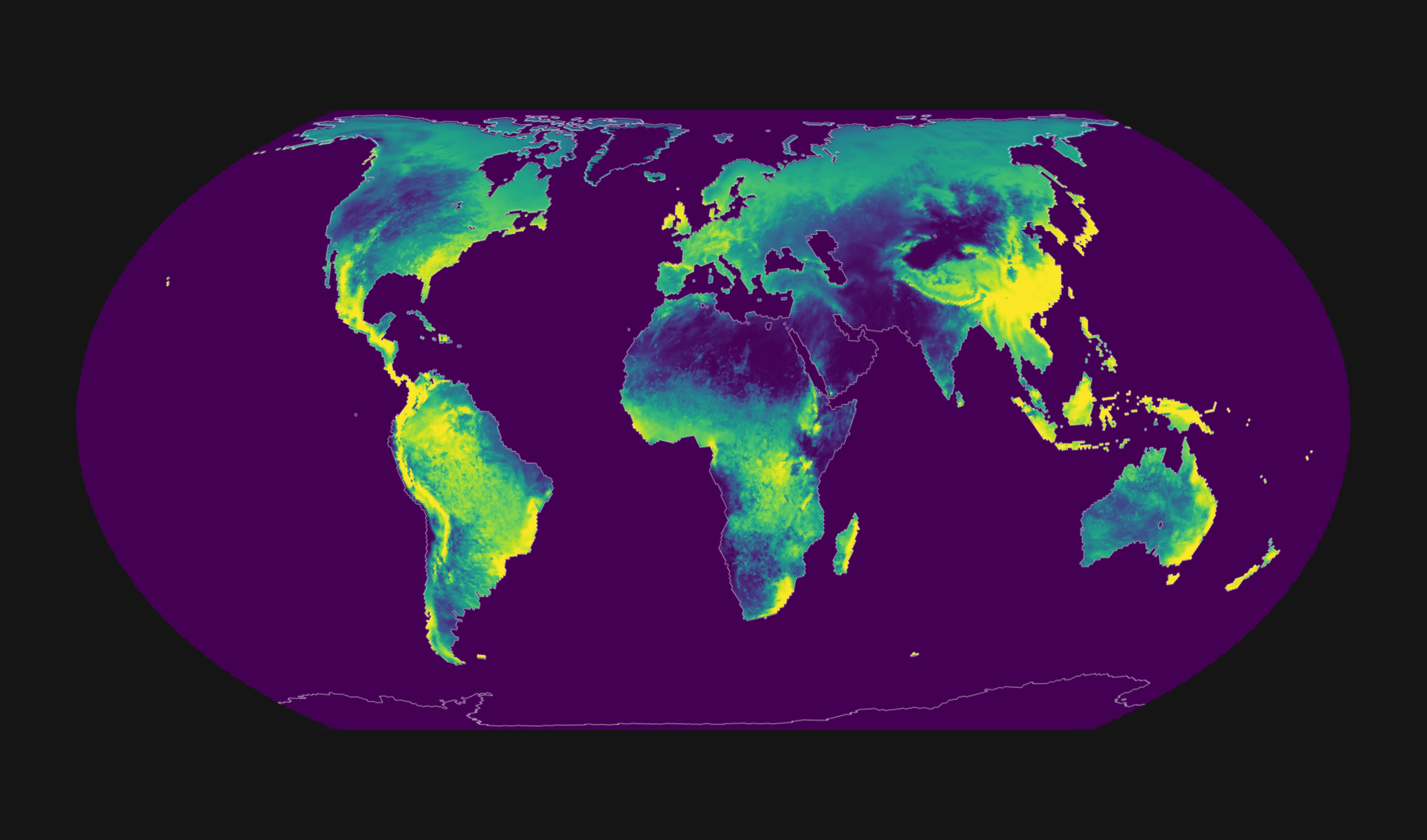 A world map of vegetation cover, dense in the rainforests and the temperate forests and bare in the deserts