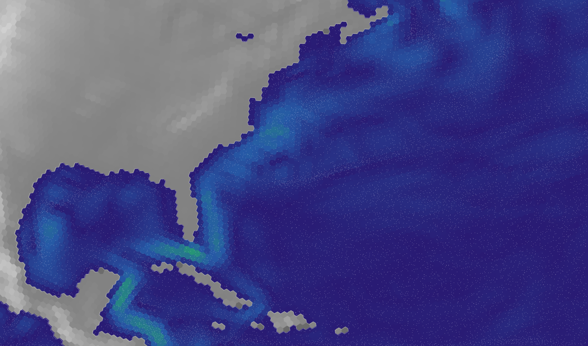 Ocean current speed off North America, with the Gulf Stream leaving the Gulf of Mexico and meandering out into the Atlantic
