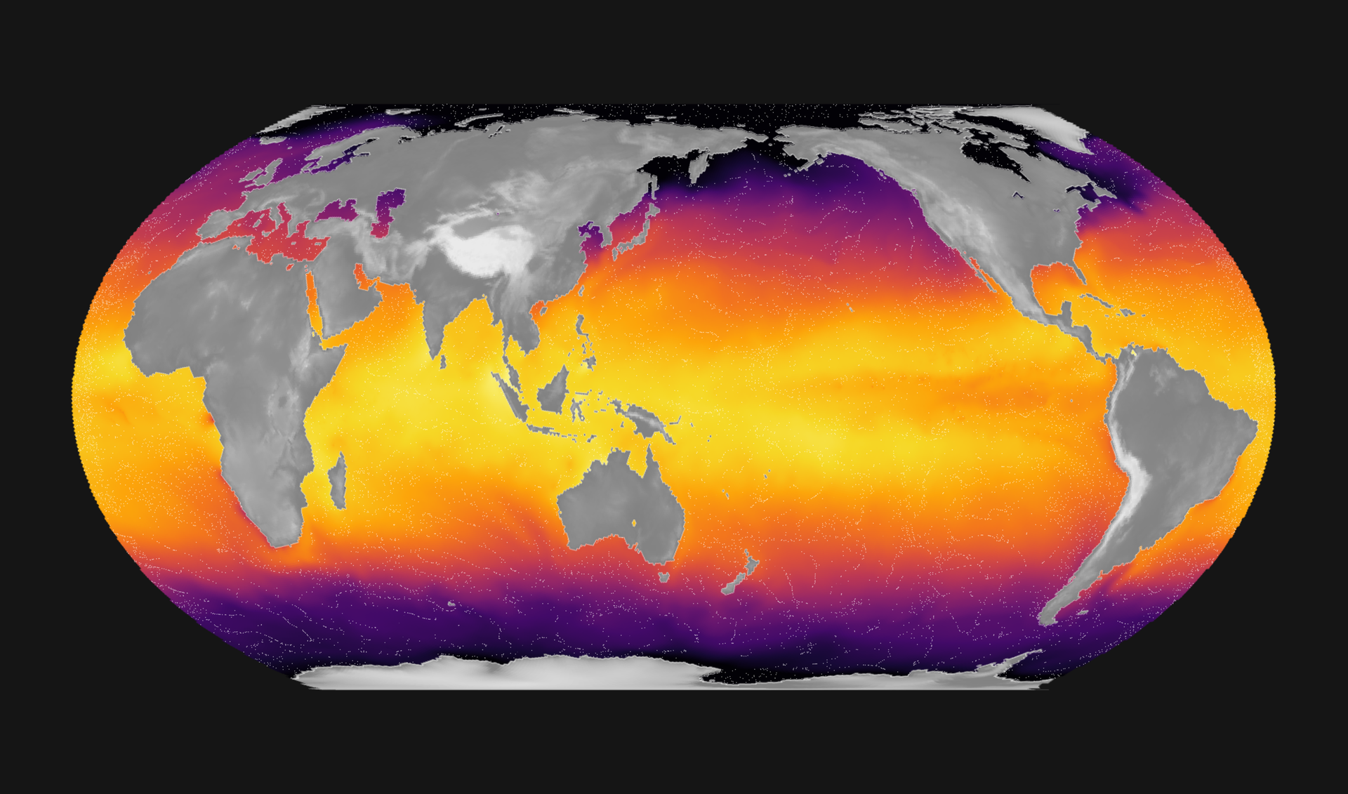 A world map of sea surface temperature, warm across the tropics and cold around the poles, with particles tracing the surface currents
