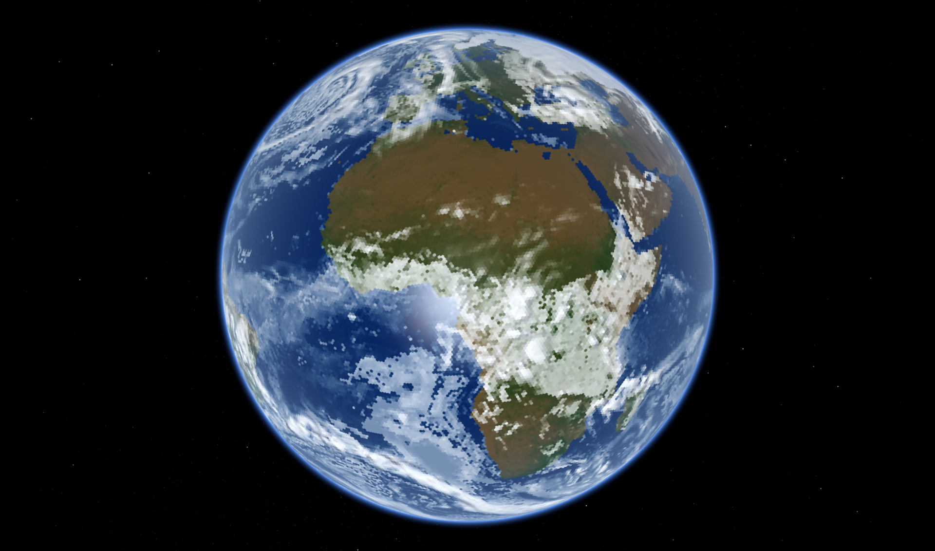 Europe and Africa seen from space, with the Sahara, the Mediterranean and the rain clouds of the Congo basin