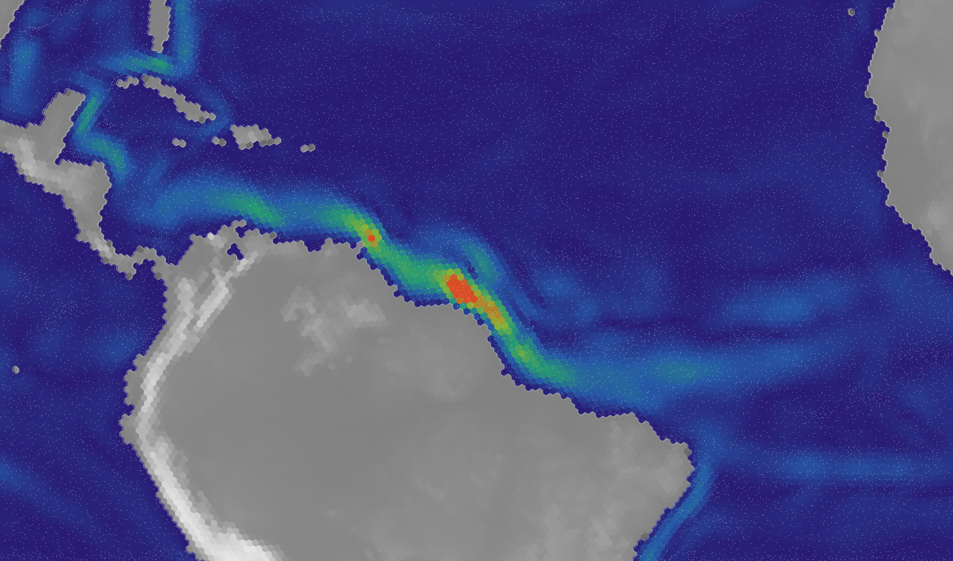 Ocean current speed off the coast of Brazil and the Guianas, with the North Brazil Current running northwest along the coast toward the Caribbean