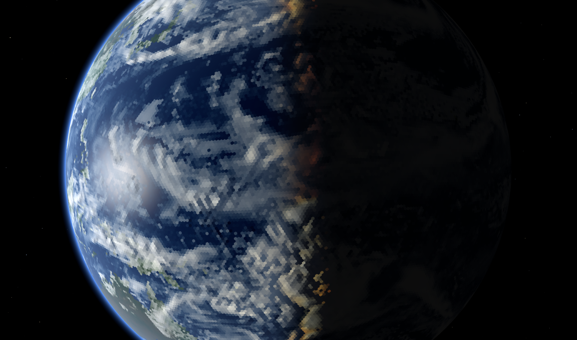 A close view of the day–night terminator crossing the Pacific, the sunlit clouds reddening toward the night side and the blue twilight along the limb