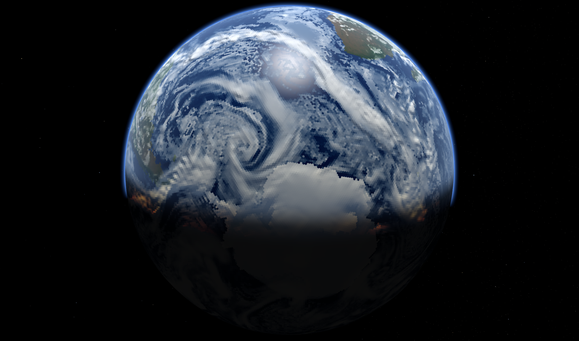 Antarctica and the Southern Ocean seen from above the pole, half lit by a sun on the horizon, with the sea ice and the storms around the continent