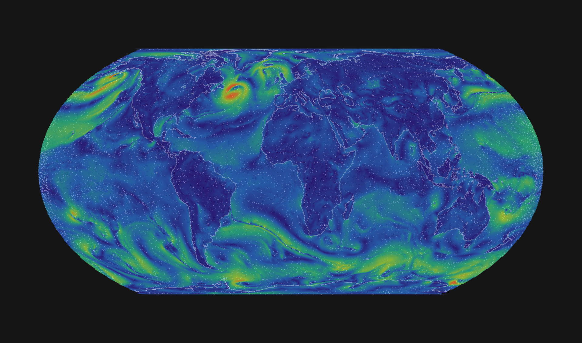 A world map of surface wind speed, with the storm tracks of both hemispheres in green and red and the trade winds in blue