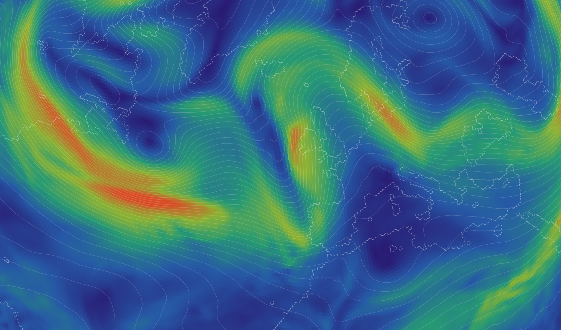 Wind speed at 250 hPa with height contours, the polar jet crossing the Atlantic into Europe
