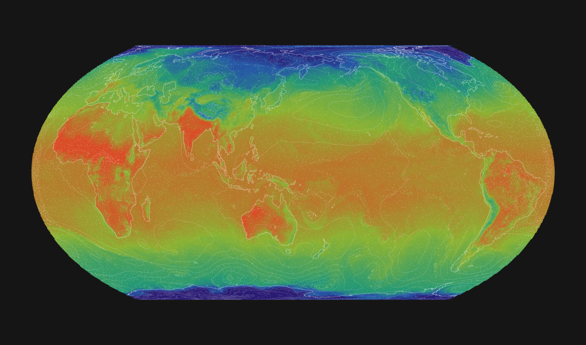 A world map of surface temperature centered on the Pacific, with isobars and wind particles